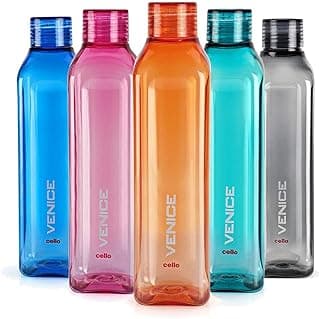 Cello Venice Water Bottles Set of 5, 1000ml Each | Unbreakable, BPA-Free, Food Grade Bottle For Kitchen| Airtight & Leakproof Lid| Reusable Set of Fridge Plastic Bottles for Home, Office, Gym, Gifting