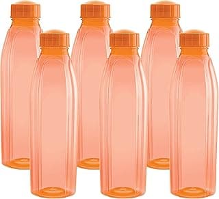 CELLO Crystal Water Bottles Set of 6, 1000 ml Each, Orange | Food Grade, Unbreakable & Reusable Set of Bottles | Air Tight Leakproof Easy to Carry Set of Fridge PET Bottles For Kitchen, Office, Travel